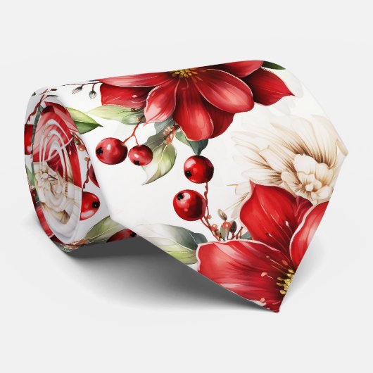 ポインセチア花赤花柄の女性男性 ネクタイ (ロール)