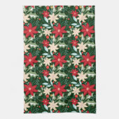 ポインセチア葉花とクリスマス キッチンタオル (縦)