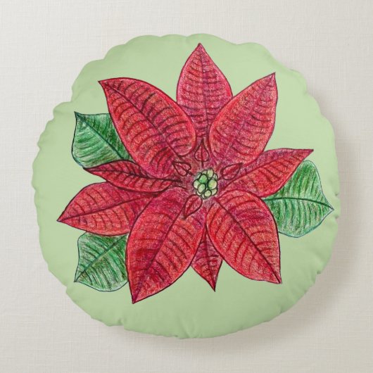 ポインセチア装飾用クッション – ミント背景 ラウンドクッション (正面)
