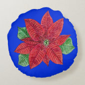 ポインセチア装飾用クッション – 青の背景 ラウンドクッション (裏面)
