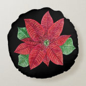 ポインセチア装飾用クッション – 黒い背景 ラウンドクッション (裏面)