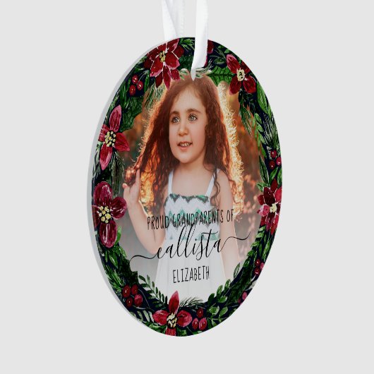 ポインセチア誇りを持ったリース祖父母の写真名 オーナメント (正面)