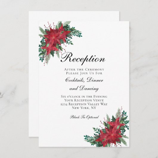 ポインセチア赤いウェディングレセプションカード エンクロージャーカード (正面/裏面)