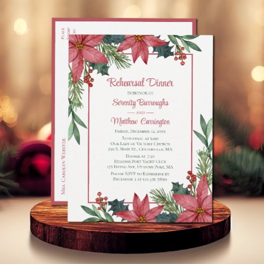 ポインセチア赤いクリスマスフローラリハーサルディナー インビテーションポストカード