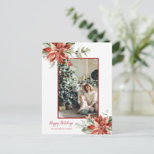 ポインセチア赤いフレーム2写真クリスマスグリーティング ポストカード (スタンド正面)