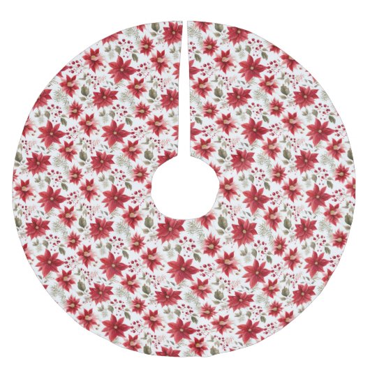 ポインセチア赤いホワイトグリーンホリデークリスマス ブラッシュドポリエステルツリースカート (正面)
