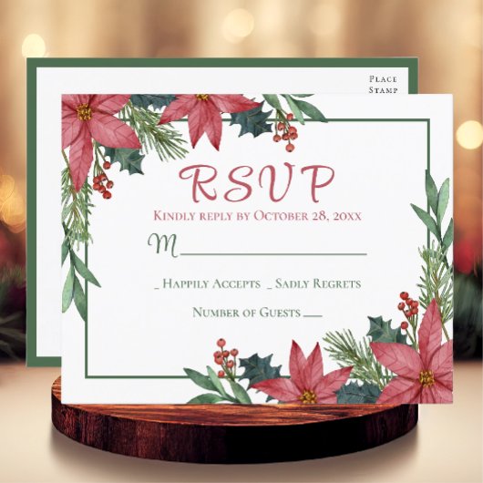 ポインセチア赤い冬の結婚式のクリスマスRSVP ポストカード
