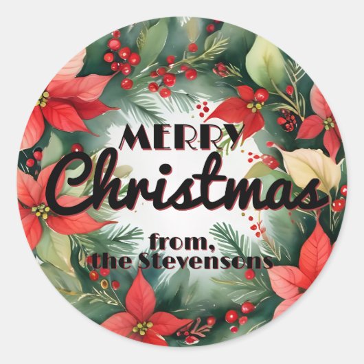 ポインセチア赤い果実とホリーの離れクリスマス ラウンドシール (正面)