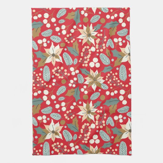 ポインセチア赤い背景の冬の休日 キッチンタオル (縦)