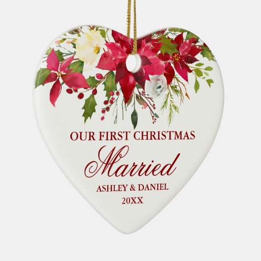ポインセチア赤フローラ初めてのクリスマス 結婚した セラミックオーナメント (右)