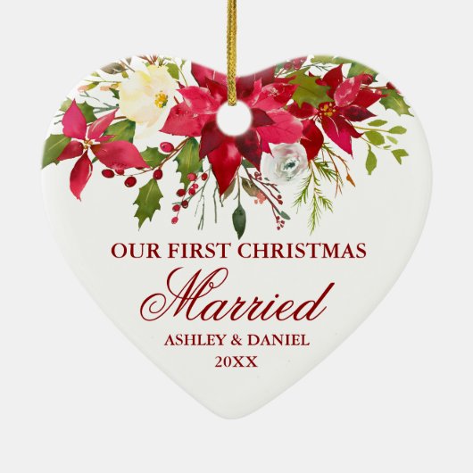 ポインセチア赤フローラ初めてのクリスマス 結婚した セラミックオーナメント (裏面)