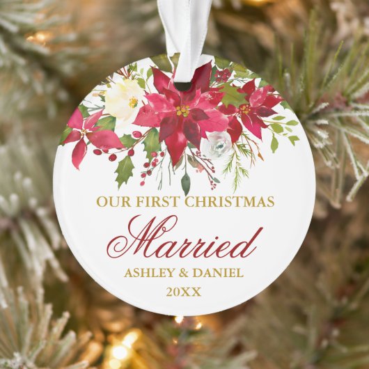 ポインセチア赤フローラ金ゴールド結婚した初めてのクリスマス オーナメント (ツリー)