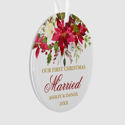 ポインセチア赤フローラ金ゴールド結婚した初めてのクリスマス オーナメント (正面)