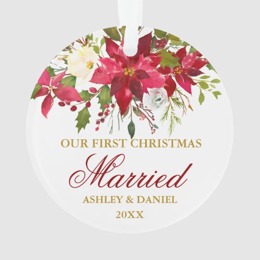 ポインセチア赤フローラ金ゴールド結婚した初めてのクリスマス オーナメント (裏面)