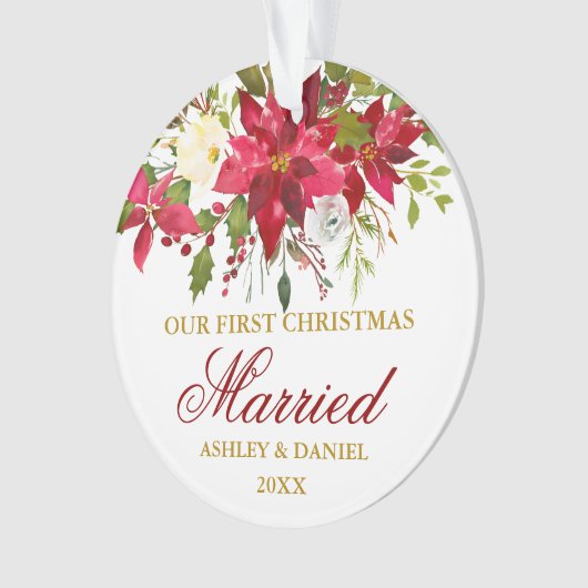ポインセチア赤フローラ金ゴールド結婚した初めてのクリスマス オーナメント (正面)