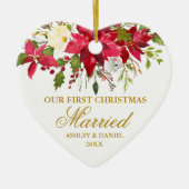 ポインセチア赤フローラ金ゴールド結婚した初めてのクリスマス セラミックオーナメント (正面)
