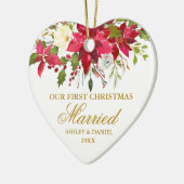 ポインセチア赤フローラ金ゴールド結婚した初めてのクリスマス セラミックオーナメント (左)