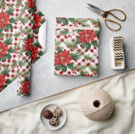 ポインセチア赤白チェックパターンクリスマスプレゼント ラッピングペーパー (クラフト)
