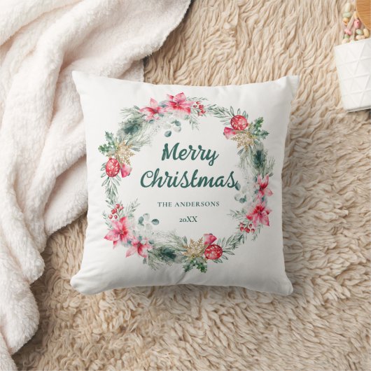 ポインセチア赤緑白リースクリスマスポエトリー クッション (ブランケット)