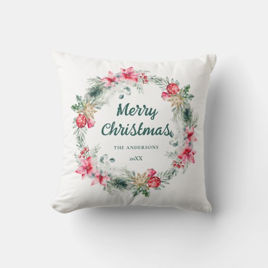 ポインセチア赤緑白リースクリスマスポエトリー クッション (正面)