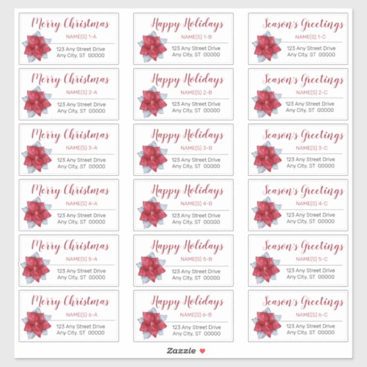 ポインセチア赤 |灰色のクリスマス住所 シール (シート)