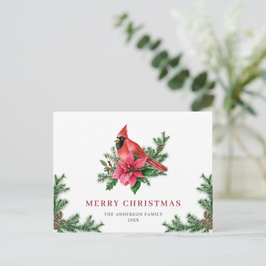 ポインセチア赤（鳥）ショウジョウコウカンチョウクリスマスグリーティングホリデー ポストカード (スタンド正面)