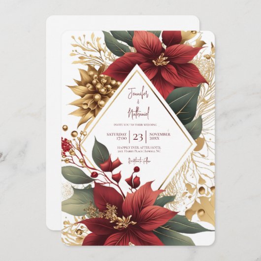 ポインセチア金ゴールドクリスマス結婚フェスティバル 招待状 (正面/裏面)