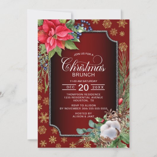 ポインセチア金ゴールドスノーフレークスレッドクリスマスブランチ 招待状 (正面)