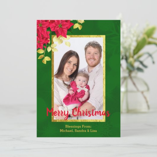 ポインセチア金ゴールドリーフ&トリムファミリーフォトクリスマス シーズンカード (スタンド正面)