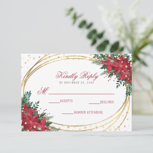 ポインセチア金ゴールド幾何学的結婚クリスマス 出欠カード (スタンド正面)