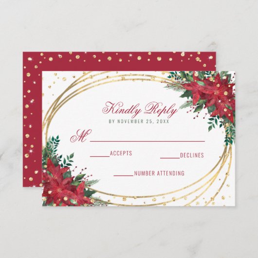 ポインセチア金ゴールド幾何学的結婚クリスマス 出欠カード (正面/裏面)