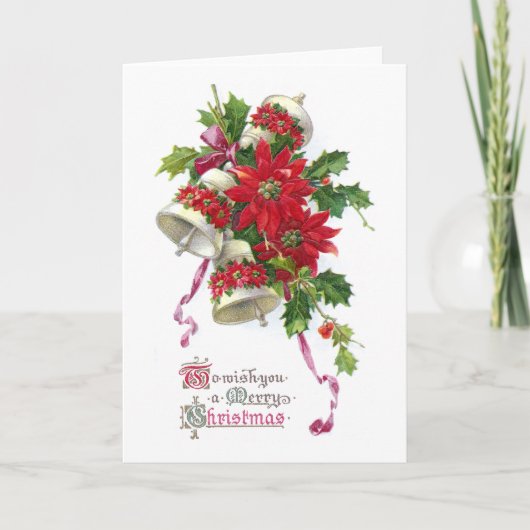 ポインセチア鐘およびヒイラギのヴィンテージのクリスマス シーズンカード (正面)