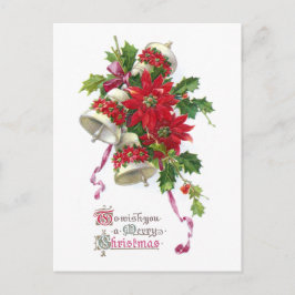 ポインセチア鐘およびヒイラギのヴィンテージのクリスマス シーズンポストカード