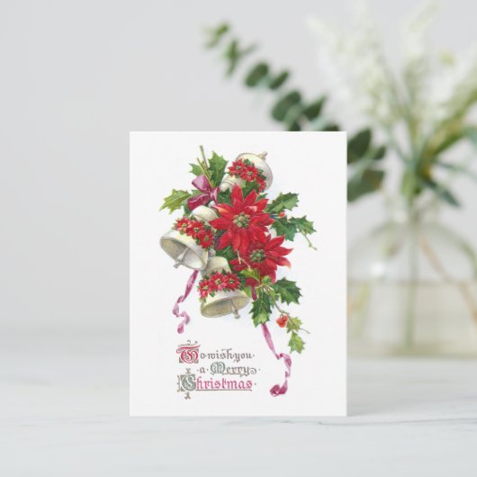 ポインセチア鐘およびヒイラギのヴィンテージのクリスマス シーズンポストカード (スタンド正面)
