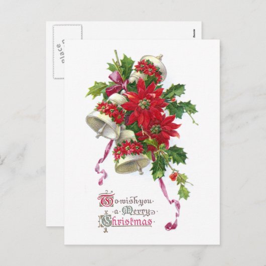 ポインセチア鐘およびヒイラギのヴィンテージのクリスマス シーズンポストカード (正面/裏面)