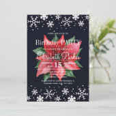 ポインセチア雪のダークブルーの誕生日パーティー 招待状 (スタンド正面)