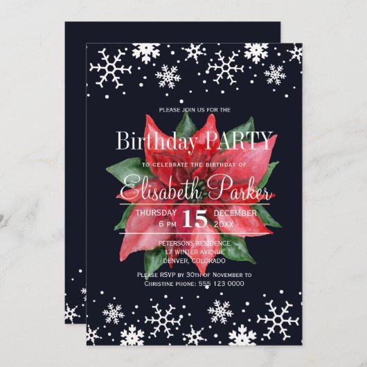 ポインセチア雪のダークブルーの誕生日パーティー 招待状 (正面/裏面)