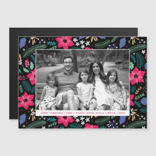 ポインセチア魔法ピンク磁気クリスマスカード (正面/裏面)