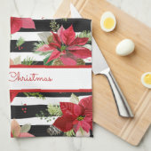 ポインセチア黒白キッチンタオルストライプに キッチンタオル (四つ折り)