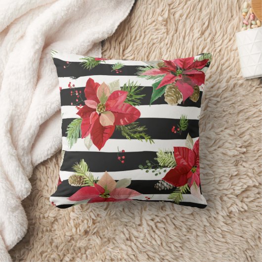 ポインセチア黒白ストライプ枕 クッション (ブランケット)