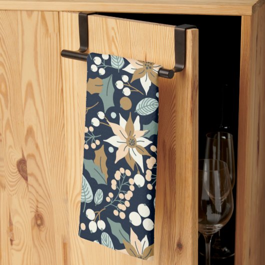 ポインセチア黒背景の冬の休日 キッチンタオル (三つ折り)