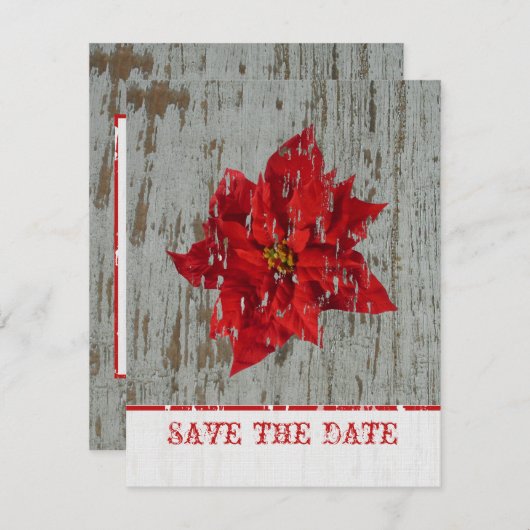 ポインセチア&ウッドは冬の結婚式の日付を保存 セーブザデート (正面/裏面)