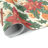 ポインセチア、オレンジ、ホリーの花の模様 ラッピングペーパー (ロールコーナー)