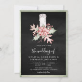 ポインセチア・クリスマスキャンドルQRコードブラック結婚ズ 招待状 (正面)