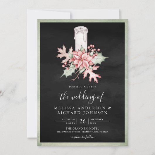 ポインセチア・クリスマスキャンドルQRコードブラック結婚ズ 招待状 (正面)