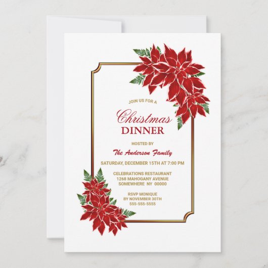 ポインセチア・クリスマスディナー縁ど金ゴールド 招待状 (正面)
