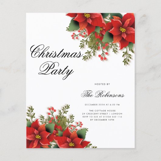 ポインセチア・クリスマスホリデー招待状プログラム&メニュー チラシ (正面)