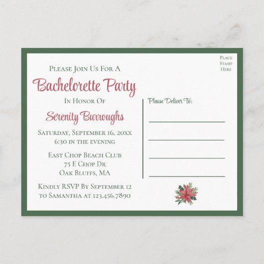 ポインセチア・クリスマスレッドフローラバチェロレッテ インビテーションポストカード (裏面)