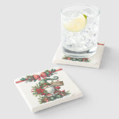 ポインセチア・クリスマス付きサンタ ストーンコースター (横)