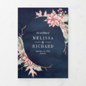 ポインセチア クリスマス キャンドル QRコード ネイビー ウェディング 三つ折り招待状 (カバー)